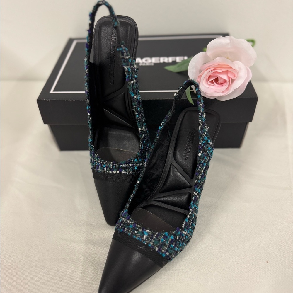 Karl Lagerfeld Black and Blue Tweed Slingback Heels